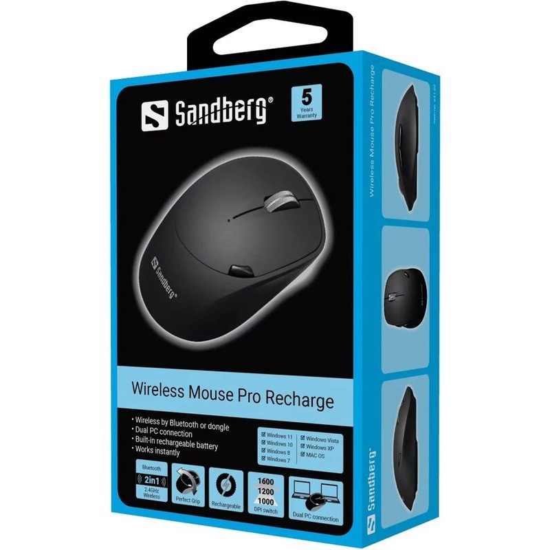 Sandberg Wireless Mouse Pro Recharge Tunisie 5 boutons Optique 1600 DPI Molette