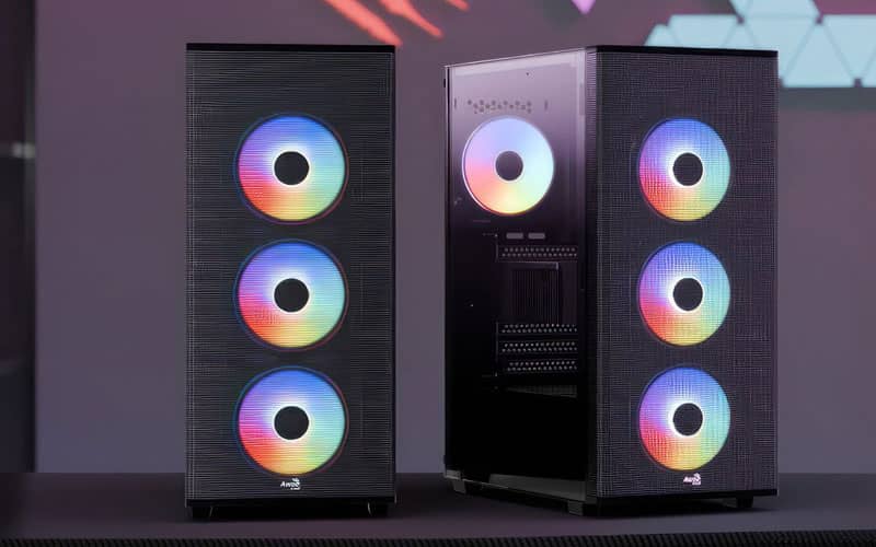 Boitier Gamer Aerocool Falcon ARGB Tunisie Moyen Tour format ATX 4 Fans ARGB 120mm Tempered Glass Panel 2x USB 3.0 1x USB 2.0 HD Audio port Microphone Port Garantie 1an