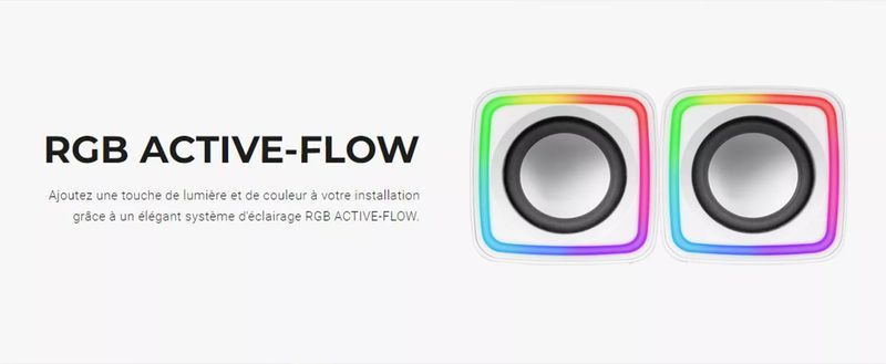 Système 2.0 Tunisie Qualité sonore DSP RMS 8W Rétroéclairage RGB Active-Flow Télécommande sur le fil Jack 3.5 mm USB Longueur  câble 110 cm Garantie